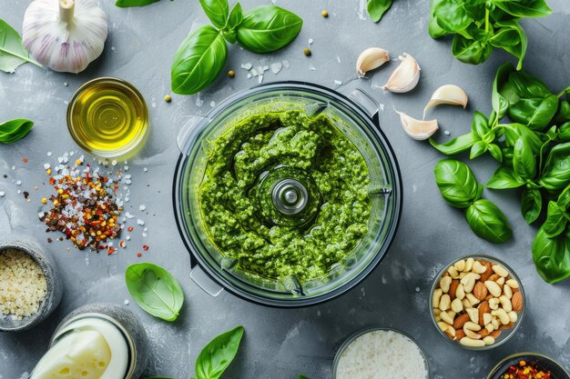 Foto italienische genovese-pesto-sauce-zutaten im lebensmittelverarbeitungsgerät