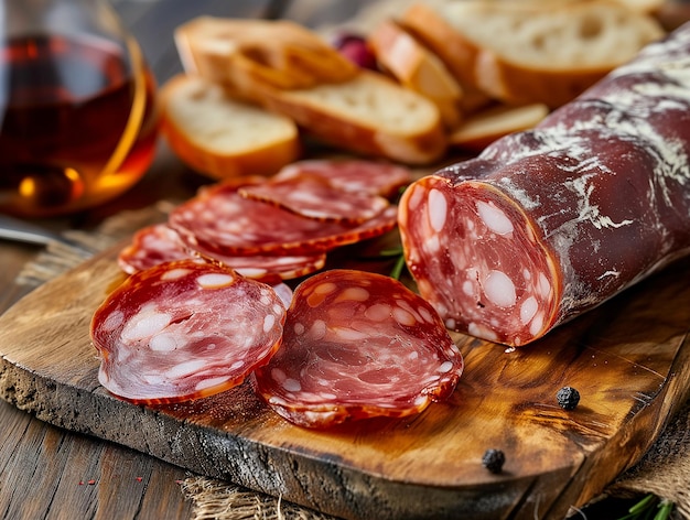 Italienische getrocknete Fleischmortadella auf einem Holzbrett Schnitte frischer italienischer Salami Closeup Bokeh