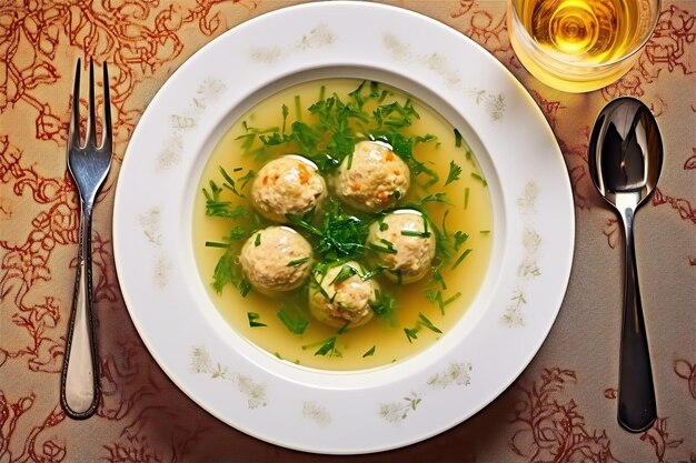 Italienische Hochzeitssuppe zum Mittagessen zu Hause auf dem Holztisch und gemütlichen Speisebereich Hintergrund