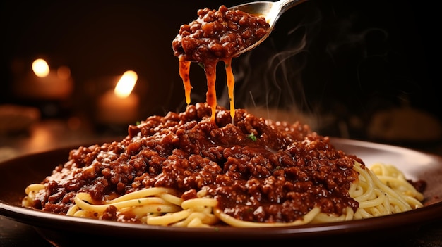 Italienische kulinarische Eleganz Eine Gabel voll Bolognese in der traditionellen Küche