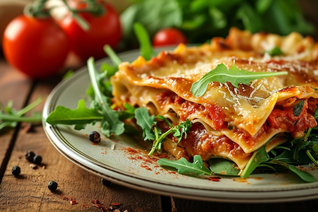 Foto italienische lasagne, die mit raketensalat serviert wird