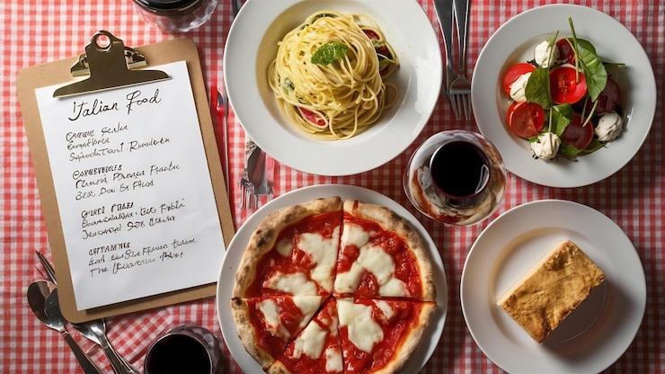Foto italienische lebensmitteldekoration mit aufklapptafel