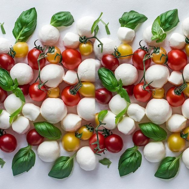 Italienische Mini-Mozzarella-Käse-Kugeln, Basilikum und Tomaten-Kirsche, bereit zum Kochen von Caprese-Salat