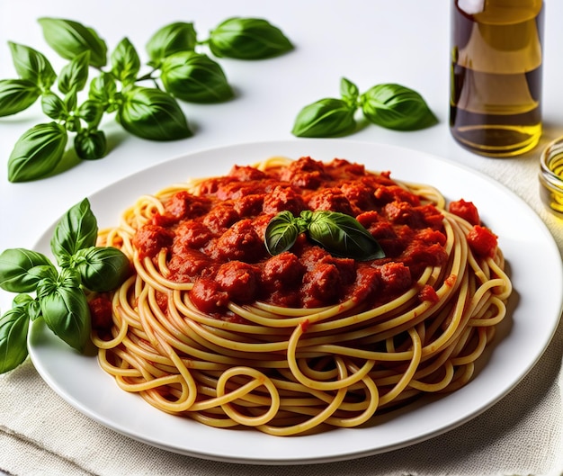 Italienische Pasta mit Tomatensauce und Basilikumblättern