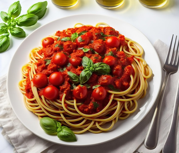Italienische Pasta mit Tomatensauce und Basilikumblättern