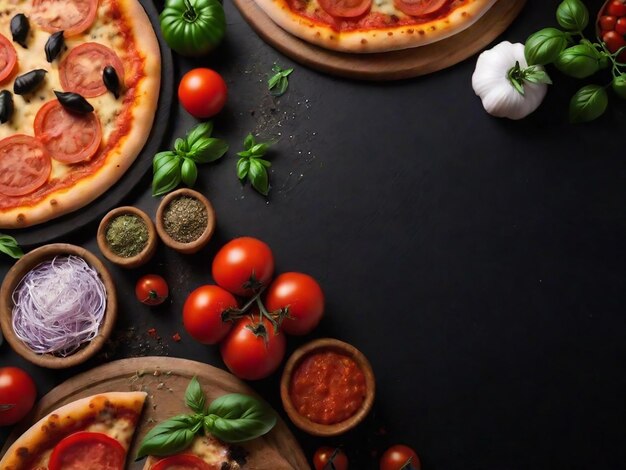 Foto italienische pizza auf schwarzem hintergrund copyspace top view banner