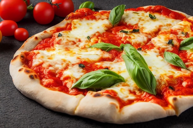 Foto italienische pizza margherita mit tomatensauce mozzarella-käse-basilikum auf dunklem betonhintergrund.