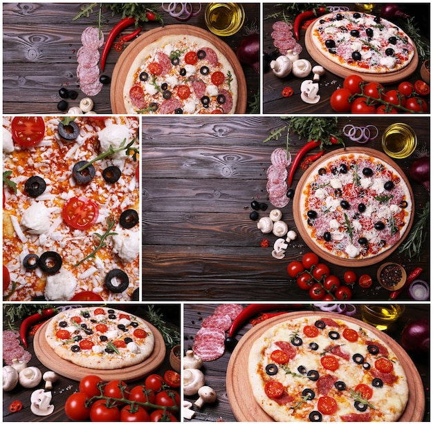 Italienische Pizza mit den besten Produkten mit Tomaten, Mozzarella, Champignons und Oliven