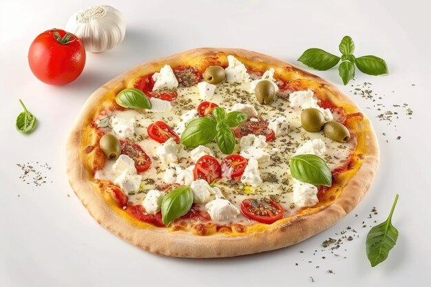 Foto italienische pizza mit mozzarella, oliven, tomaten, gemüse und basilikum