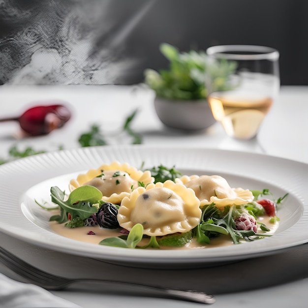 Italienische Ravioli-Nudeln auf einem Teller. Italienisches Essen, KI generiert