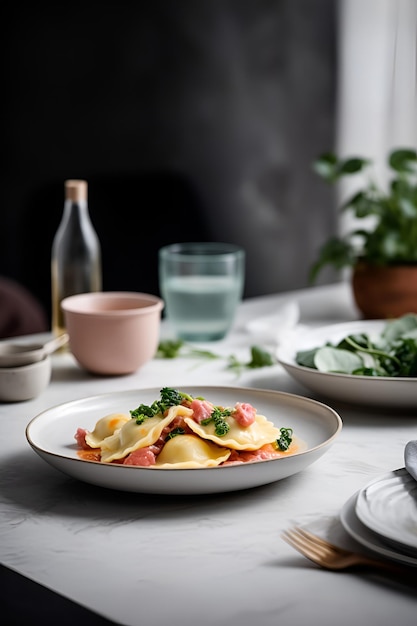 Italienische Ravioli-Nudeln auf einem Teller. Italienisches Essen, KI generiert