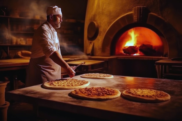 Italienische Restaurantküche mit traditionellem Holzofen, frischen Pizzen und Zutaten auf dem Tisch. Generative KI