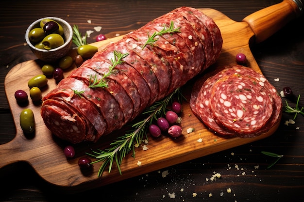 Italienische Salami auf einem Holzbrett, serviert mit Oliven und Mehrkornbaguette. Kann als genossen werden