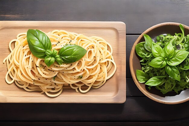 Foto italienische spaghetti mit basilikumgarnierung und kräutern auf schwarzem holzbretthintergrund ai generat