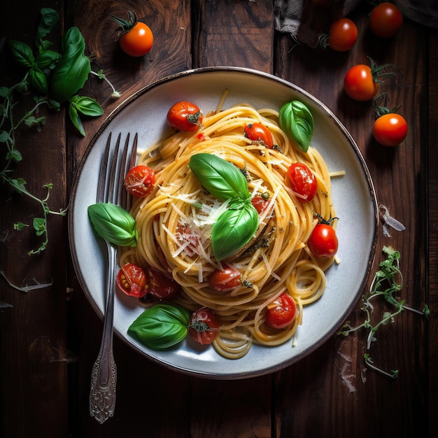 Italienische Spaghetti-Nudeln mit Spinat und Ricotta auf rustikalem Holzhintergrund