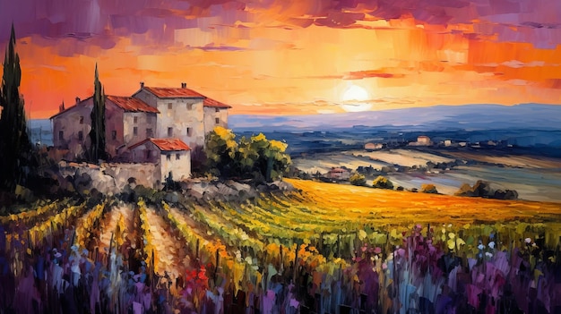 Italienische Weinbergsmalerei bei Sonnenuntergang Moderner Impressionismus