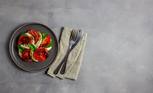 Italienischer Caprese-Salat mit Mozzarella und Tomaten. Beton. Gesundes Essen.