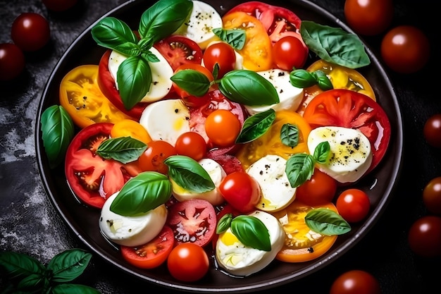 Italienischer Caprese-Salat mit Tomatenscheiben, Mozzarella-Käse, Basilikum und Olivenöl. Neuronales Netzwerk, KI generiert