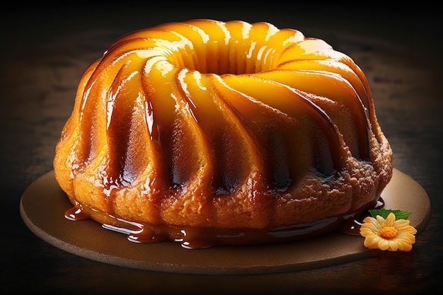 Italienischer oder französischer Ring Rum Baba, getränkt in Sirup, liegt auf dem Teller auf dunklem Hintergrund