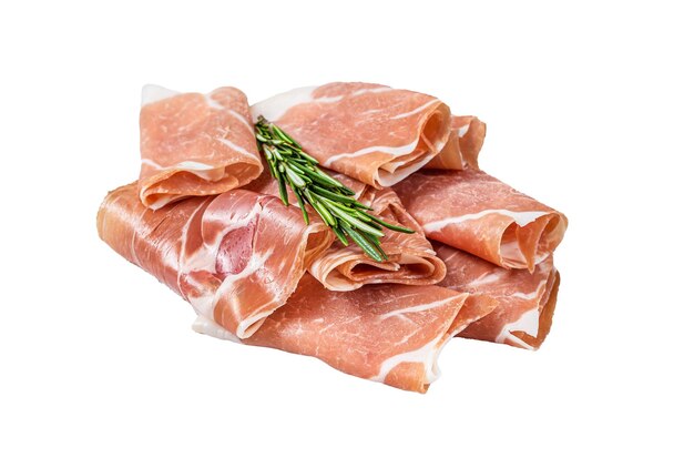 Italienischer prosciutto crudo parma Schinken auf einem Tisch Isolierter weißer Hintergrund