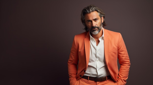 italienischer Schauspieler in dramatischer Pose vor einem einfarbigen braunen Hintergrund