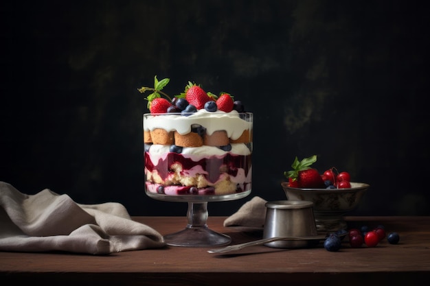 Italienischer Tiramisu-Kuchen, cremiges süßes Dessert mit Beeren auf dunklem Hintergrund. Klassisches Backgericht