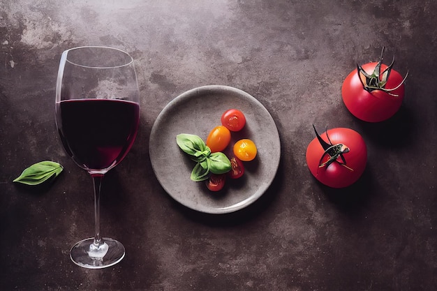 Italienisches Abendessen mit Wein und Bruschetta mit Tomaten auf schwarzem Hintergrund