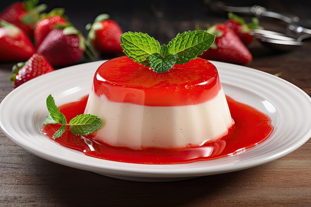 Italienisches Dessert mit Erdbeersirup und Minze
