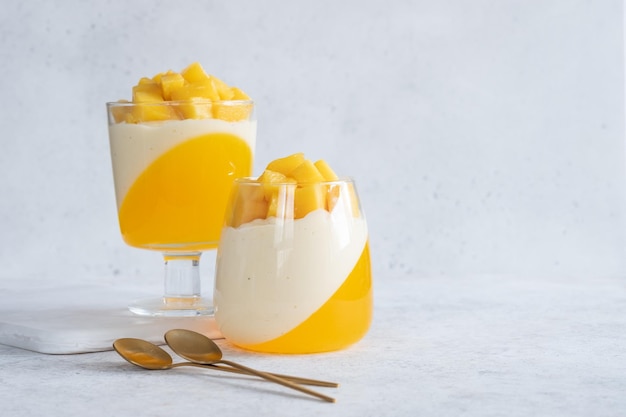 Italienisches Dessert Panna Cotta mit Mangogelee und frischen Mangostückchen