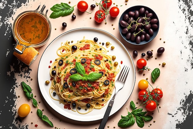 Italienisches Essen Italienisches Nudelgericht mit Tomaten, Oliven, Kapern und Petersilie heißt Spaghetti alla Puttanesca, blasser Hintergrund. Kopieren Sie Platz