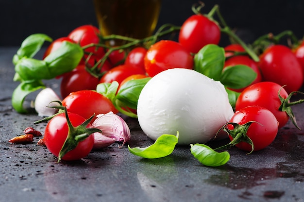 italienisches Essen mit Mozzarella, Tomate und Basilikum