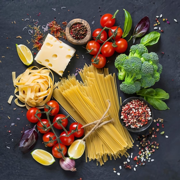Italienisches Essen oder Zutaten Hintergrund mit frischem Gemüse Pasta Käse Parmesan und Gewürze Top vi