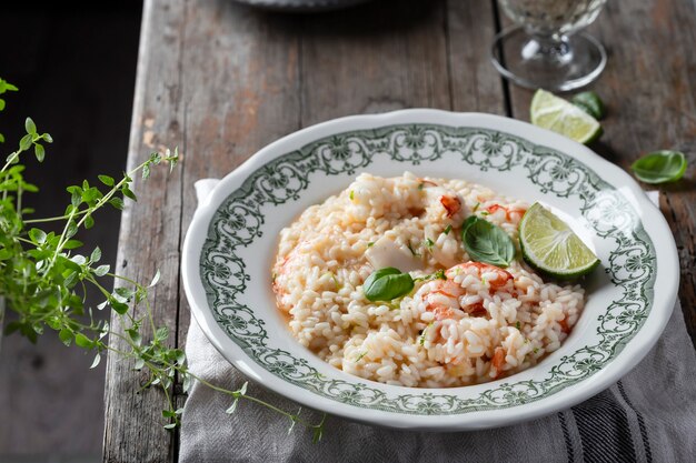 Italienisches Meeresfrüchte-Risotto mit Garnelen und Tintenfisch auf dem Tisch