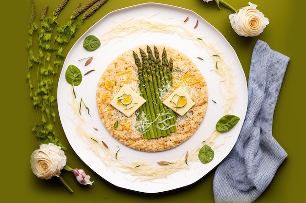 Italienisches Risotto auf einer Platte mit Parmesankäse und Spargel aus dem Frühlingskopienraum in der Draufsicht