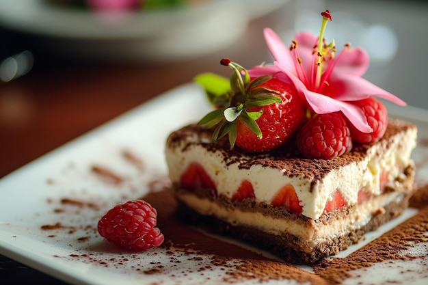 Italienisches Tiramisu in Blumenform, geschmückt mit Erdbeeren und Himbeeren