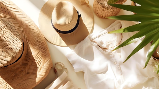 Itens básicos da moda de verão, como camisas de linho, sacos de palha e espadrilles para uma vibe de praia