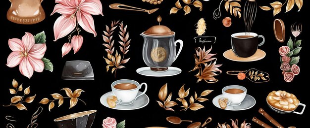 Foto itens de café pintados à mão ilustrações conjunto de clip art