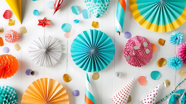 Foto itens de festa coloridos, incluindo ventiladores de papel, faixas e confetes dispostos em um fundo de madeira branqueado