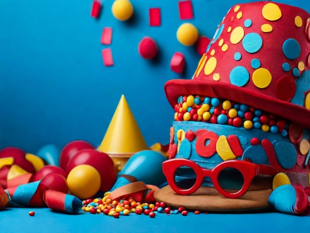 Foto itens de festa coloridos para carnaval ou festa de aniversário em fundo azul com espaço para cópia