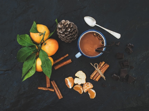 Itens de Natal ou ano novo. Tangerinas frescas com folhas, paus de canela, baunilha, pinha e caneca de chocolate quente sobre o muro de pedra escuro