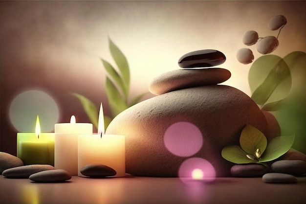 Itens de spa massagem relaxamento e relaxamento Pedras óleos e velas em um fundo vermelho