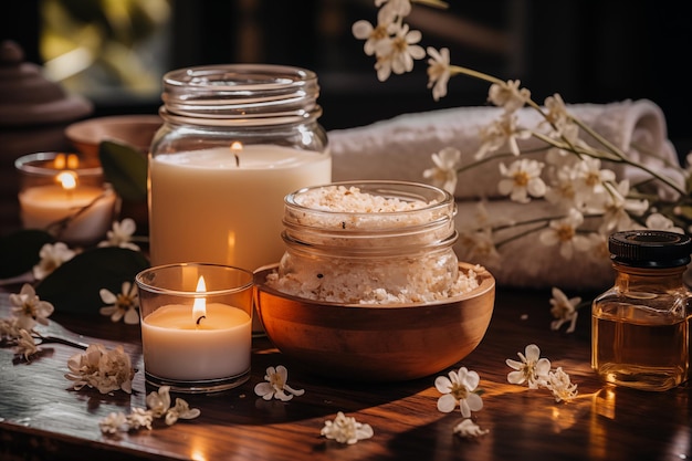 Itens de tratamento de beleza para procedimentos de spa em mesa de madeira Flores de sal de vela ardentes