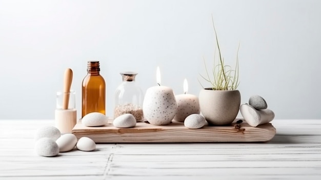Itens de tratamento de beleza para procedimentos de spa em uma mesa de madeira branca massagem pedras óleos essenciais e sal marinho Generative AI