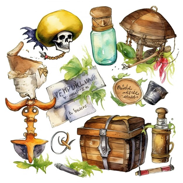 Foto itens piratas pintados ilustrações conjunto de clip art