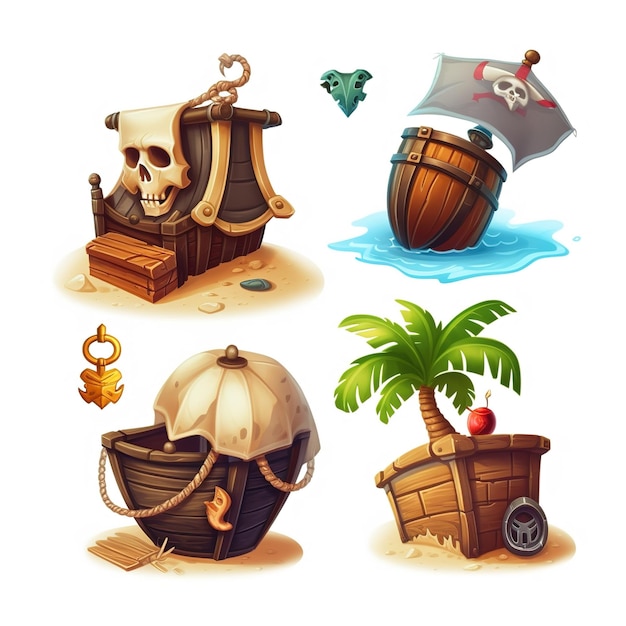 Foto itens piratas pintados ilustrações conjunto de clip art