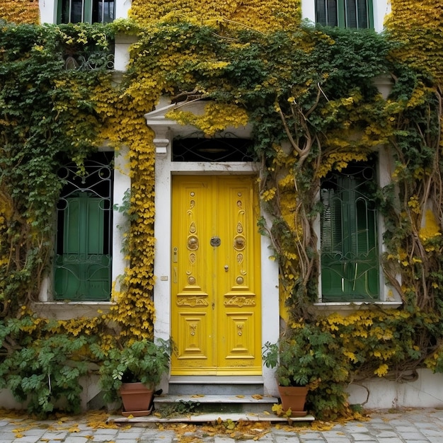 IvyAdorned House com uma porta amarela AI