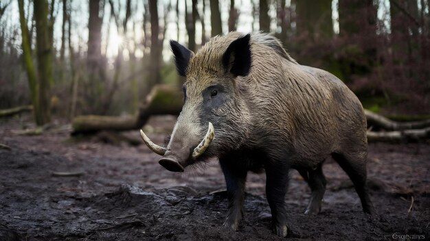 Jabalí en el hábitat natural animal peligroso en el bosque República Checa naturaleza sus scrofa