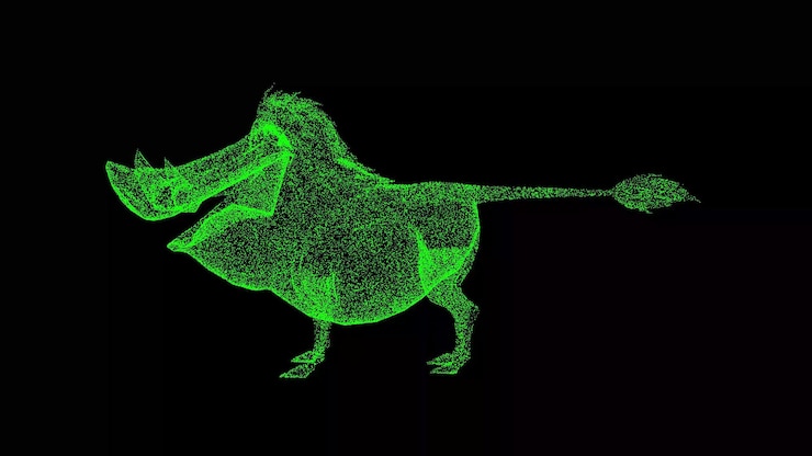 Foto jabalí jabalí 3d sobre bg negro concepto de animales salvajes protección del medio ambiente para la presentación del texto del título objeto hecho de partículas brillantes animación 3d