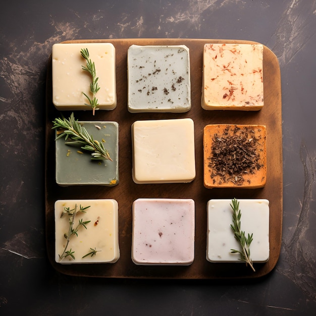 Foto el jabón casero con ingredientes herbáceos vista de arriba en una tabla de hormigón