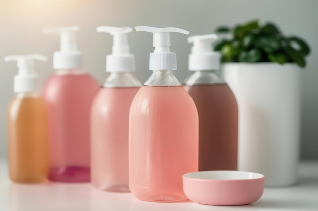 Jabón líquido y champú en el baño productos de cuidado personal y salud IA generativa
